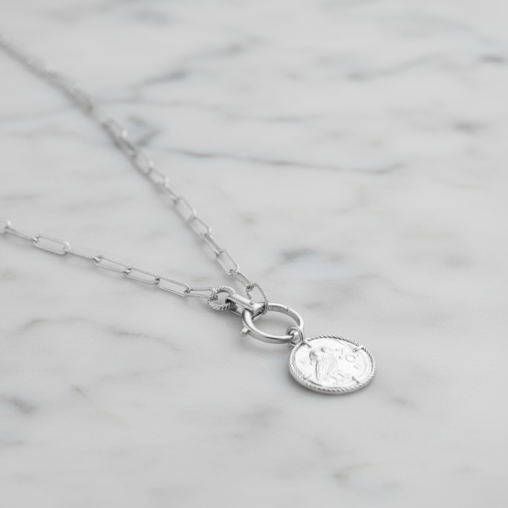 Owl Medallion Necklace Rhodium 925 Sterling Silver 25mm Removable 22 Inch Italy