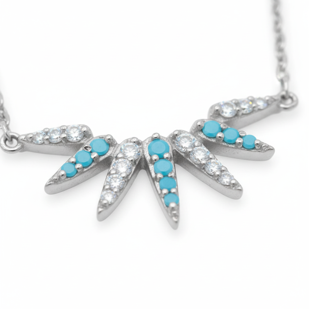 Turquoise CZ Sunray Pendant Necklace Rhodium 925 Sterling Silver 20mm 16+2