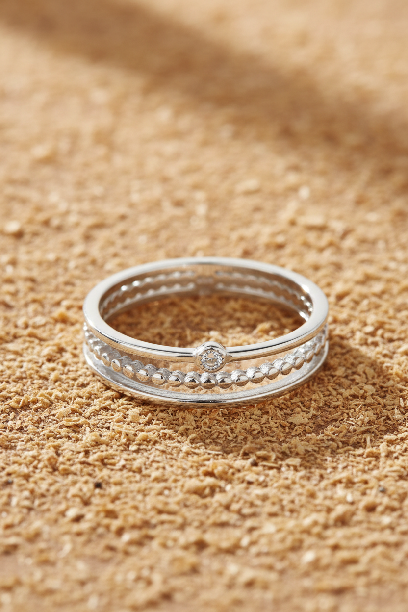 Rhodium Plated CZ Three Band Ring 925 Sterling Silver 1.3mm CZ Sizes 5-9
