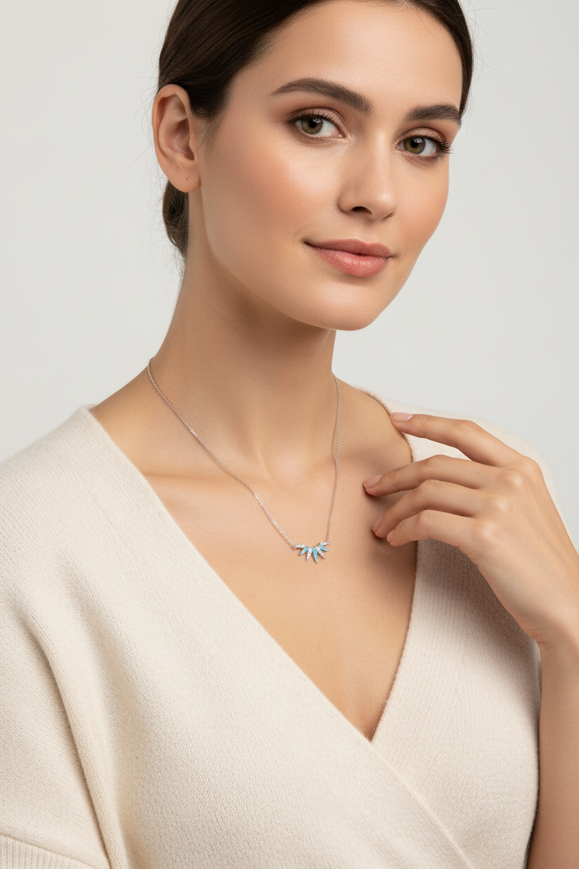 Sunray Spike Pendant Necklace Rhodium 925 Silver Turquoise CZ 20.3x9.3mm 16+2in