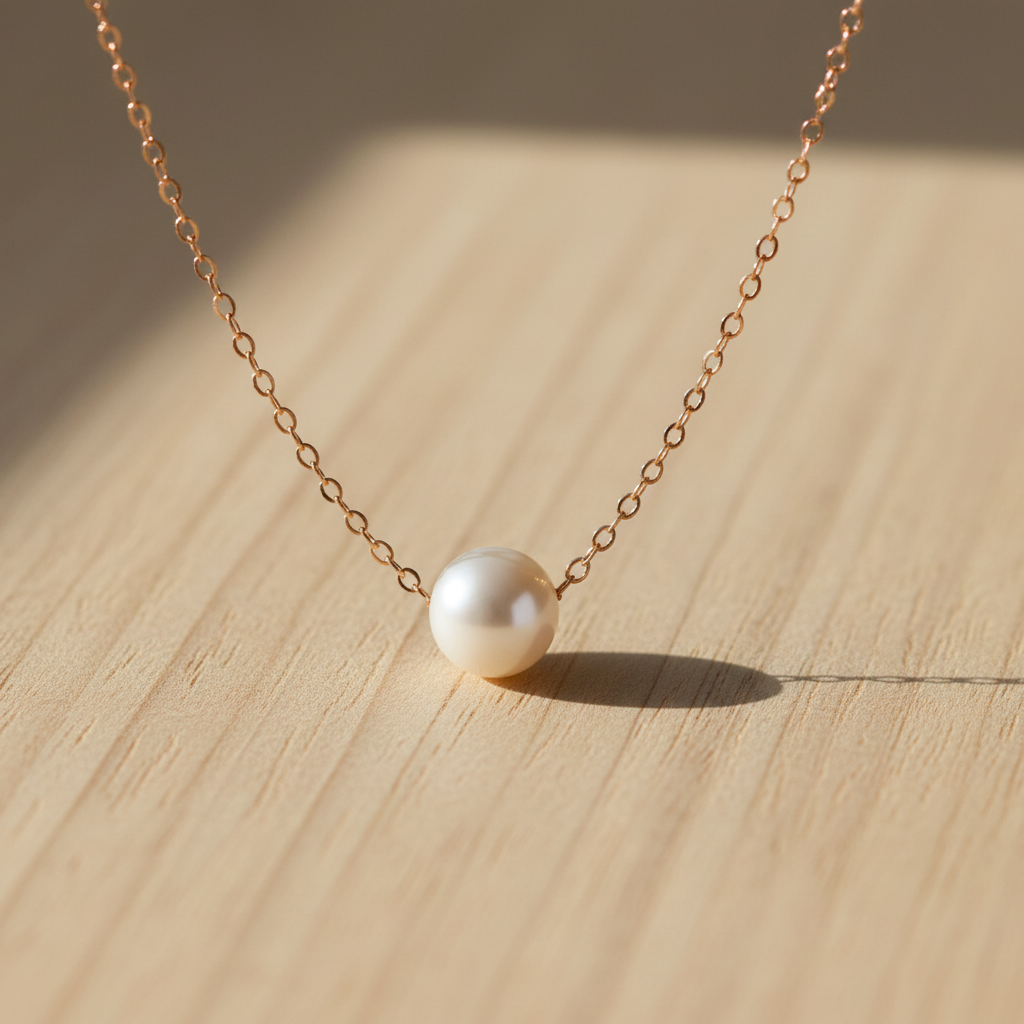 Cultured Freshwater Floating Pearl Necklace Solid 14K Yellow Gold 9-9.5mm 16"