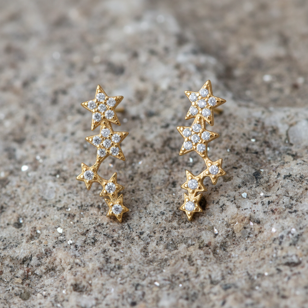 CZ Star Cluster Stud Earrings 14K Gold Plated 925 Sterling Silver 5.6x15.9mm