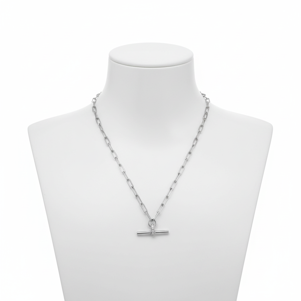 Sterling Silver CZ Decorated Toggle Bar Necklace, Rhodium Plated Paperclip Chain, 16+2 Inch, Italian Made