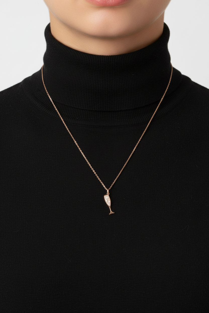 14 Karat Rose Gold Plated Sterling Silver Champagne Glass Charm Necklace, CZ Pave Setting, 16 Inch Chain with 2 Inch Extension