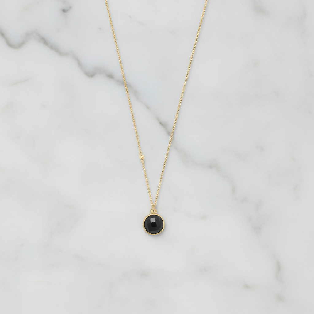 14 Karat Gold Plated Sterling Silver Black Onyx Pendant Necklace, 16 Inch Chain with 2 Inch Extender, 9.5mm Faceted Charm