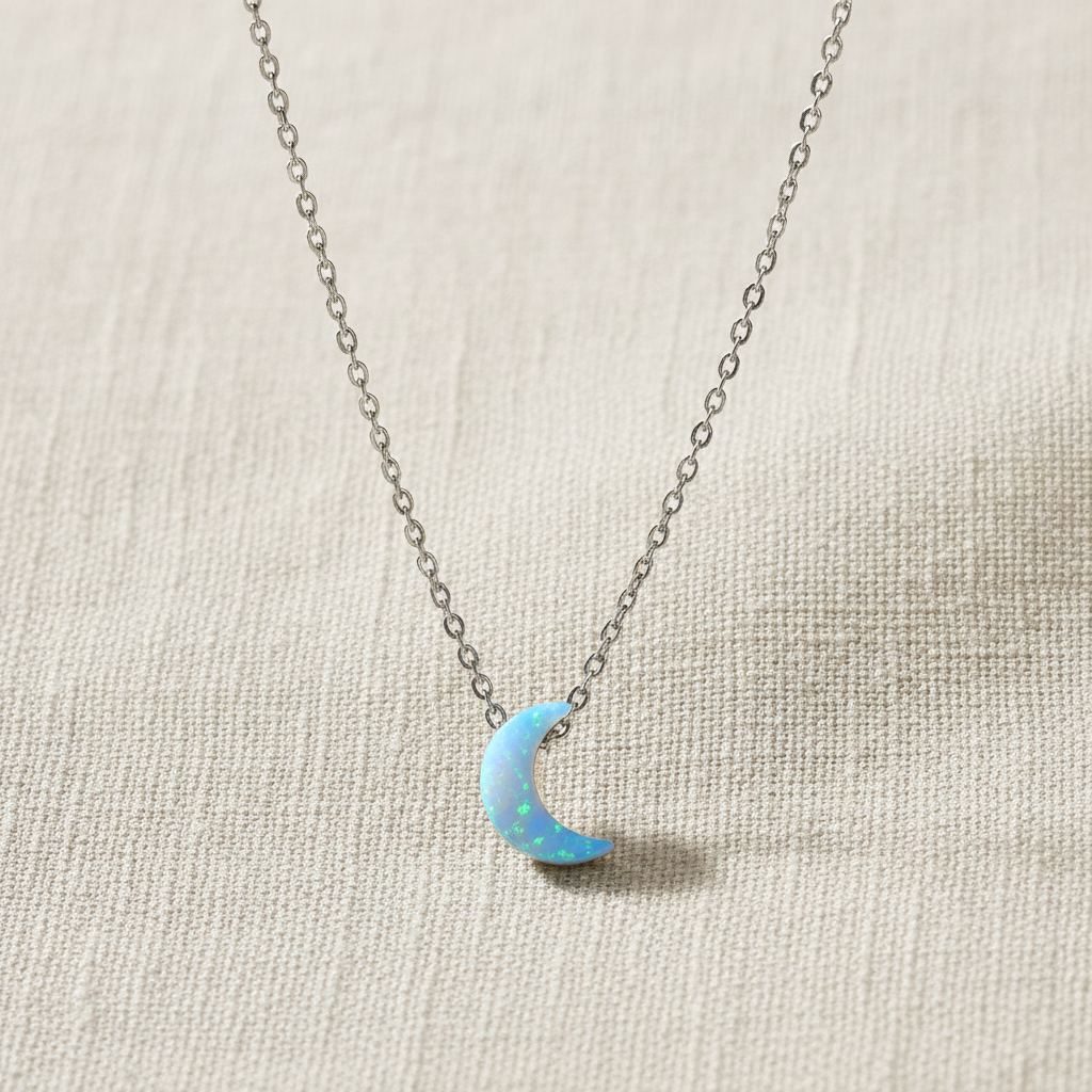 Opal Crescent Moon Necklace Rhodium 925 Silver Blue Synthetic 16+2