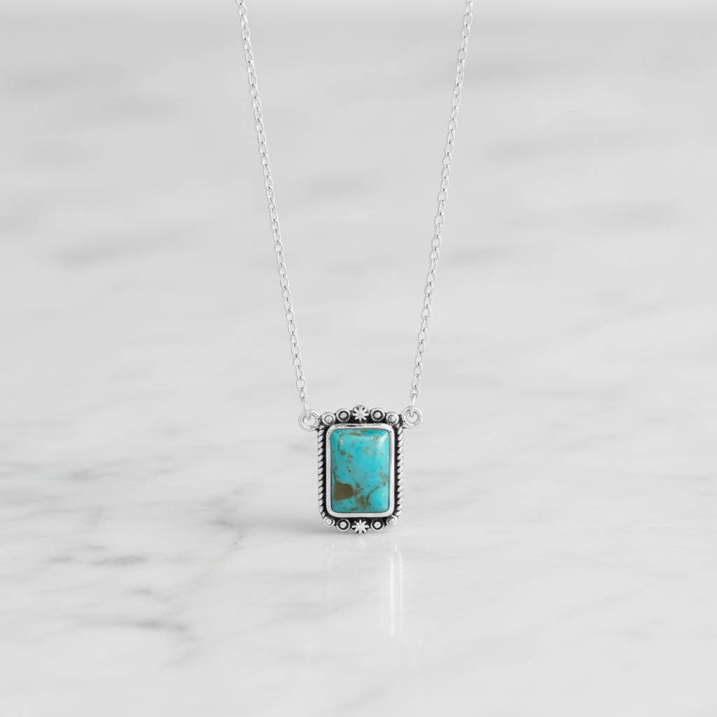 Turquoise Necklace - Sterling Silver Oxidized Rope Edge Rectangle Pendant