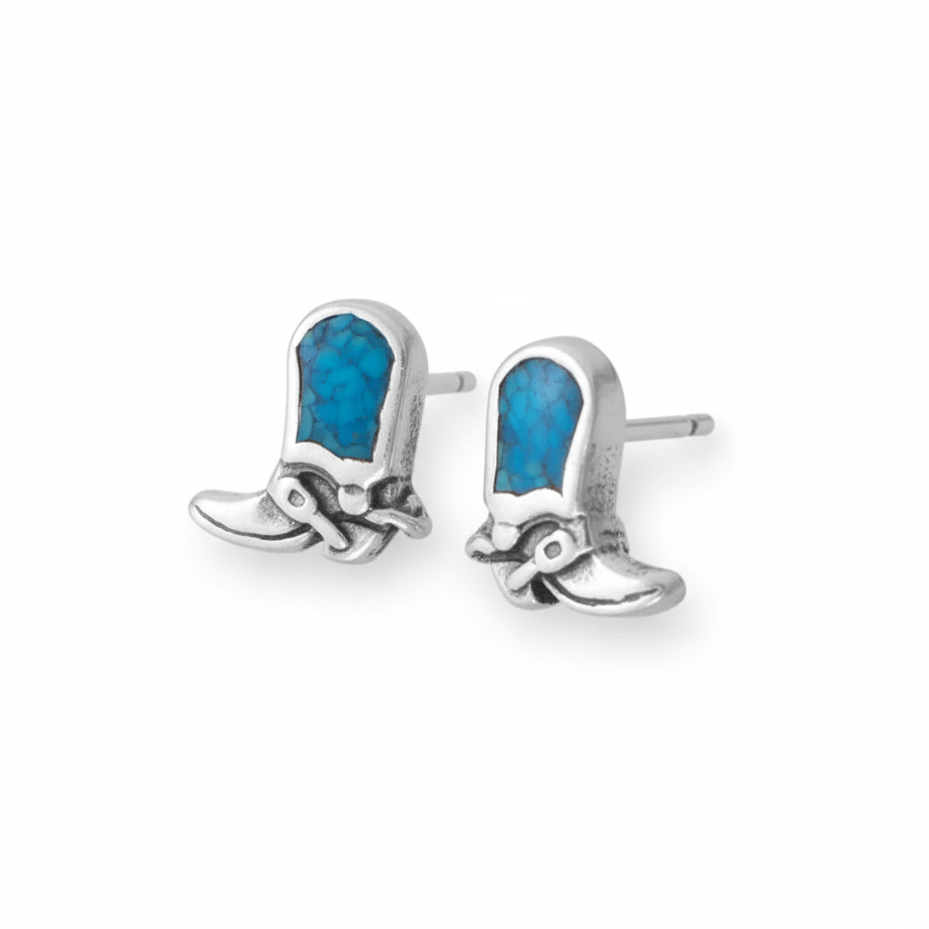 Cowgirl Boot Stud Earrings - Sterling Silver with Turquoise Inlay