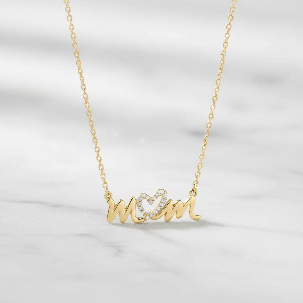 CZ Mom Necklace 14K Gold Plated 925 Silver Heart 25mm 16+2 Inch