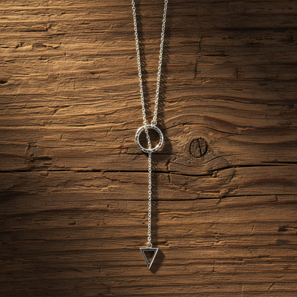 Geometric Lariat Necklace 925 Sterling Silver Circle Triangle Cutout 24 Inch