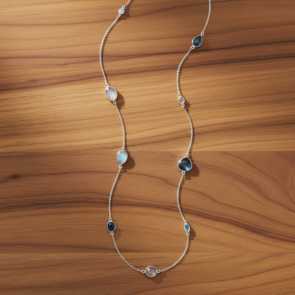 Sterling Silver Endless Necklace with Larimar, Blue Topaz, Aventurine, Rainbow Moonstone, 29 Inch, Multi-Shape Stones