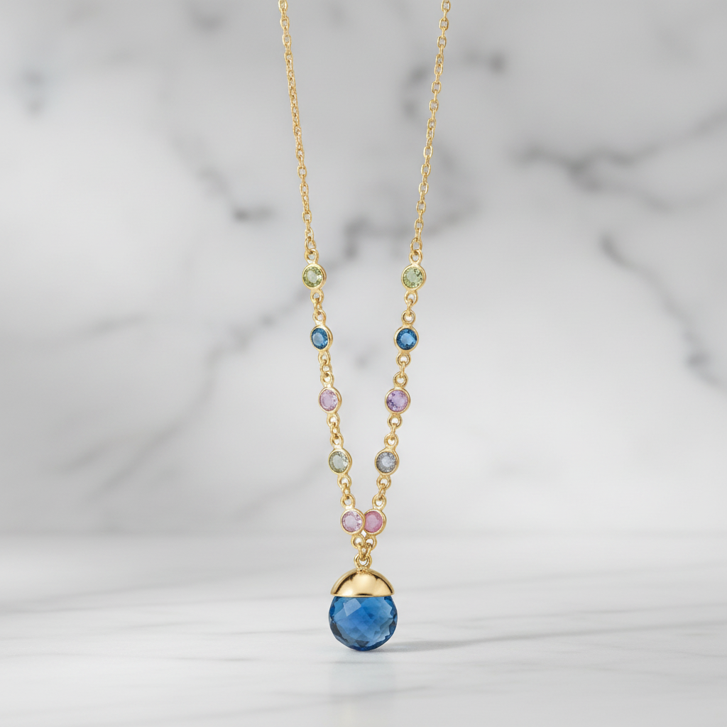Blue Glass Drop Necklace 14K Gold Plated 925 Silver Multi Stone 16+2