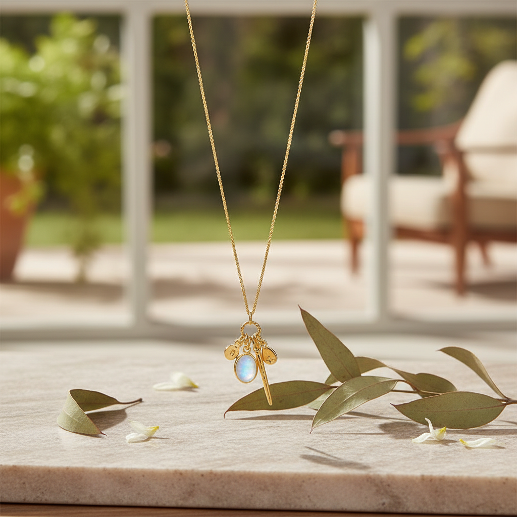 14 Karat Gold Plated Sterling Silver Charm Drop Necklace, Rainbow Moonstone, CZ Accents, Hammered Disks, 26 Inch Chain