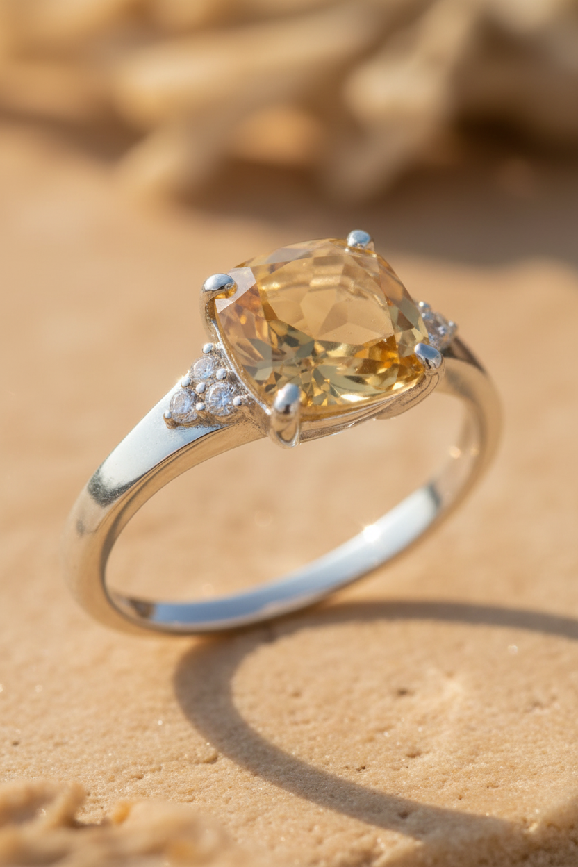 Large Cushion Citrine Round CZ Cluster Silver Ring Sunlight Background Corrected