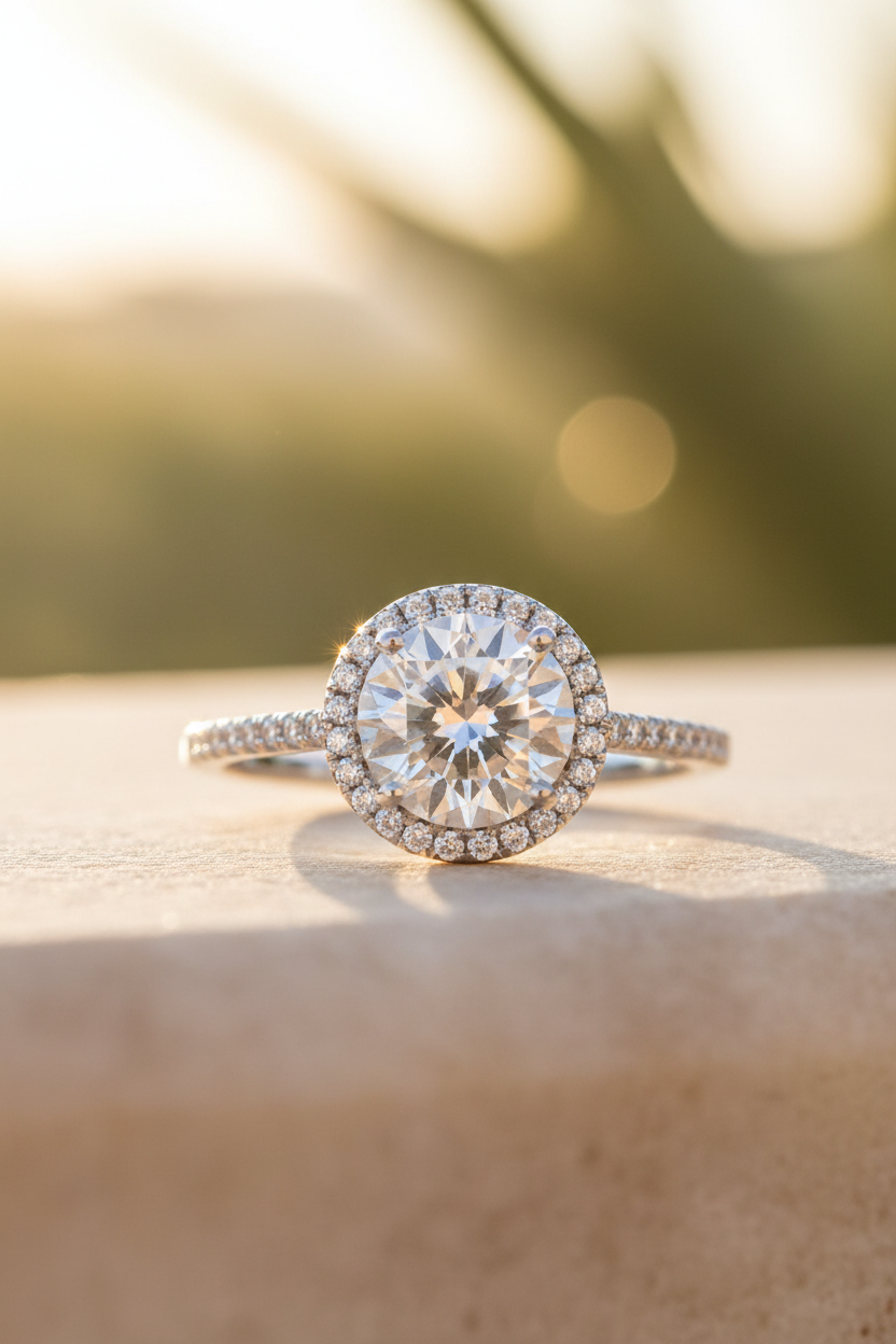 Large Round Brilliant CZ Halo Pave Band Silver Engagement Ring Sunlight Background