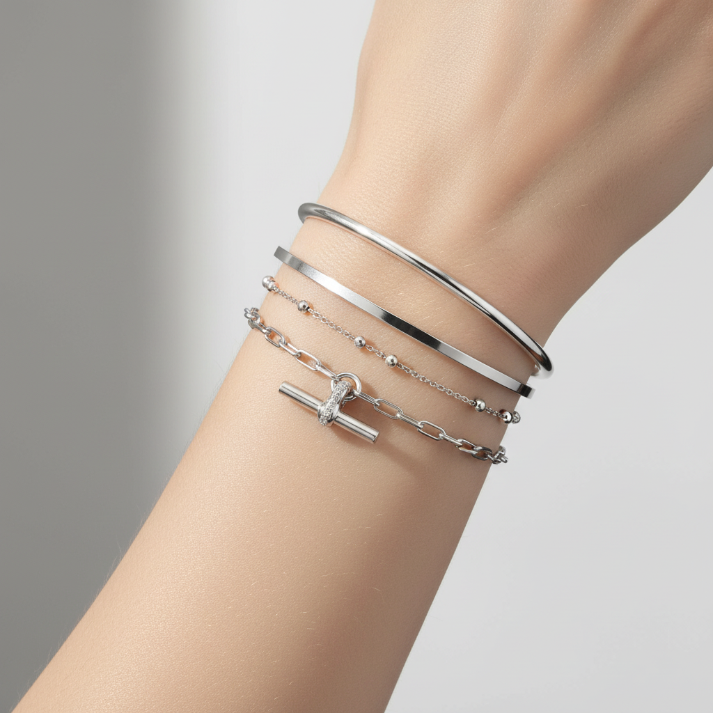 Layered Stacking - Silver T-Bar Chain Bracelet