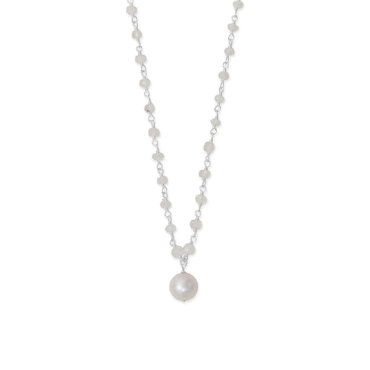 16" + 2" Rainbow Moonstone and Cultured Freshwater Pearl Drop Necklace