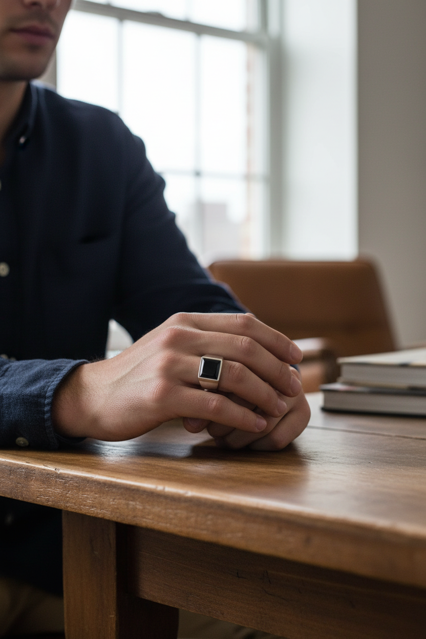 Male model wearing black onyx signet ring - casual style