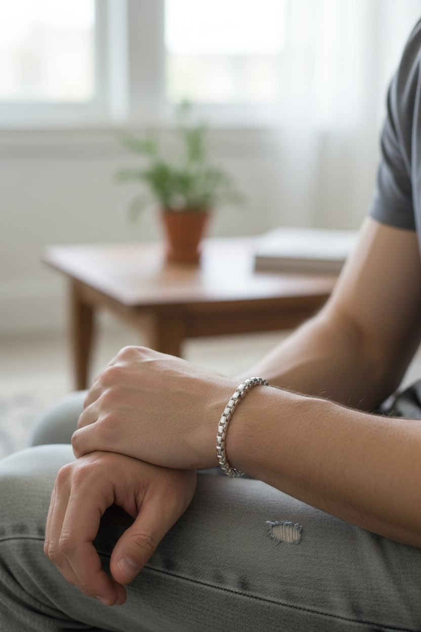 Male model wearing box chain bracelet - casual style
