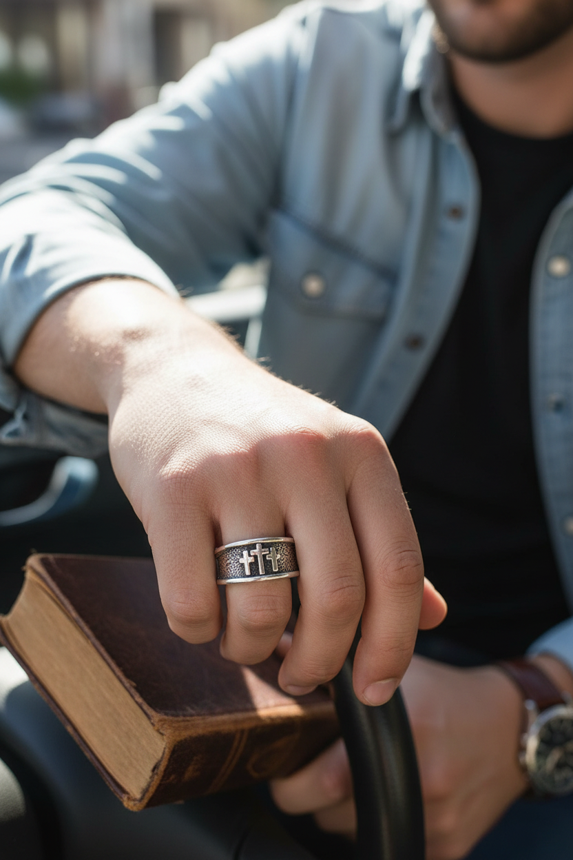 Male model wearing three crosses ring - casual style