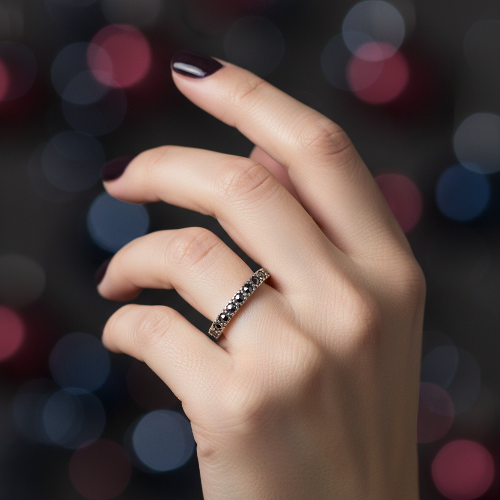 Marcasite Half Eternity Band Oxidized Silver Ring Female Model Hand Vintage Lifestyle 1x1
