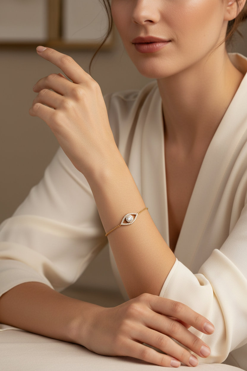 Model Wearing Gold-Tone Evil Eye Crystal Bolo Bracelet