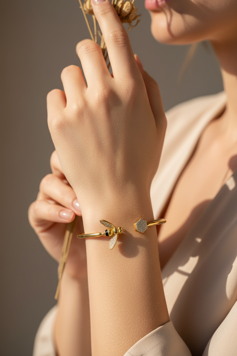 Model wearing honeybee bracelet - elegant pose