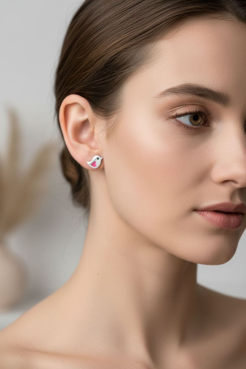 Model wearing love bird earrings - side profile