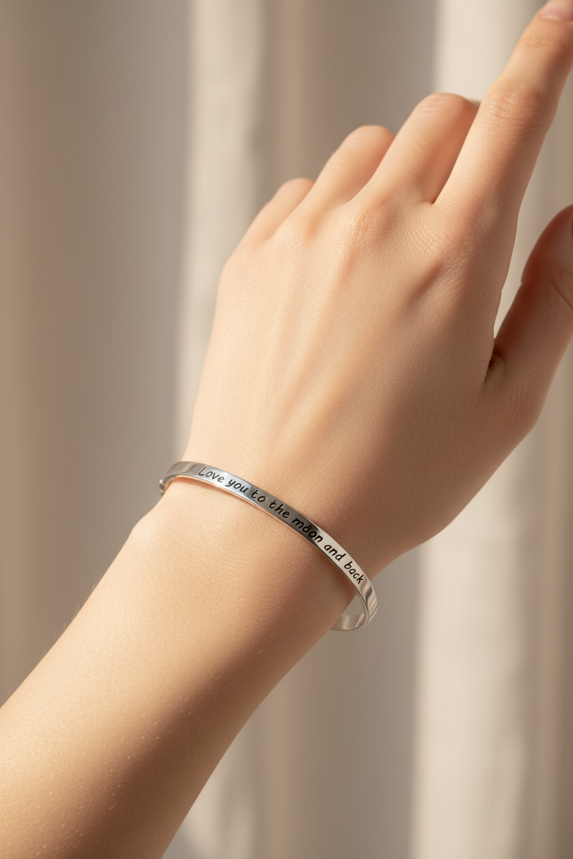 Model wearing Love You to the Moon bracelet - elegant pose