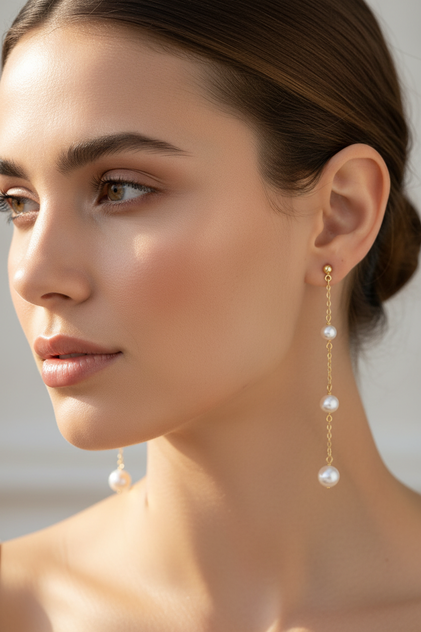 Model wearing pearl cascade chain earrings - side profile