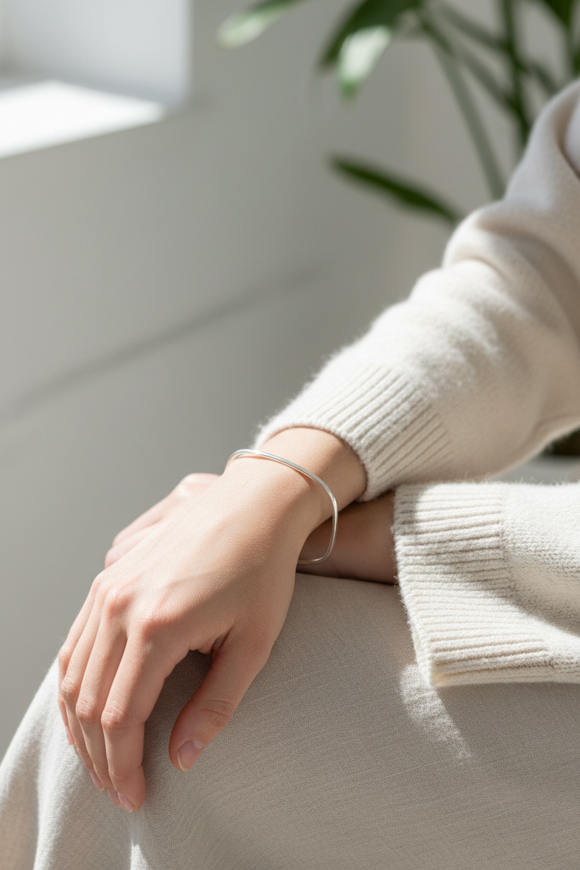 Model wearing rectangle bangle - casual style