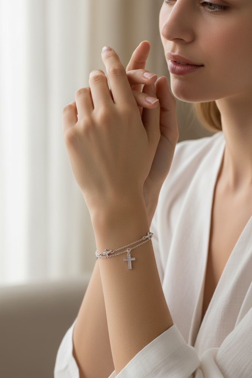 Model Wearing Silver Double-Strand Cross Bracelet