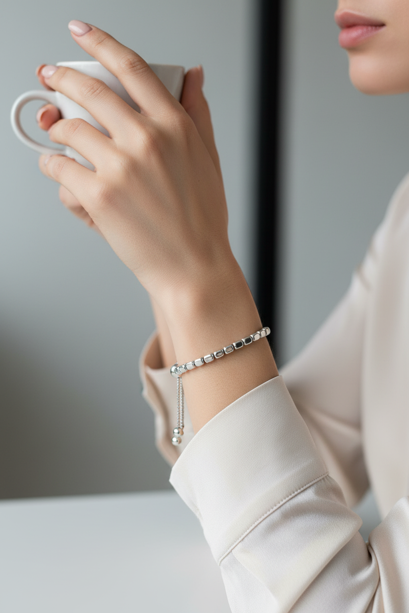 Model Wearing Silver Square Beaded Bracelet