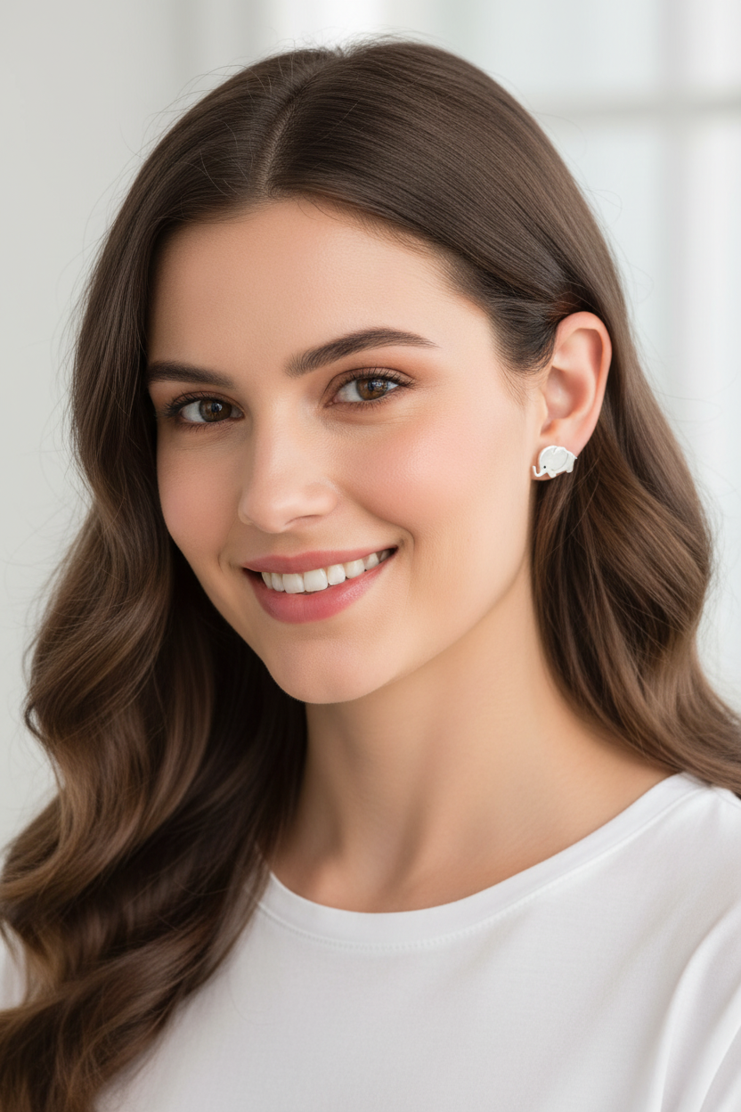 Modern woman wearing gentle giant elephant studs
