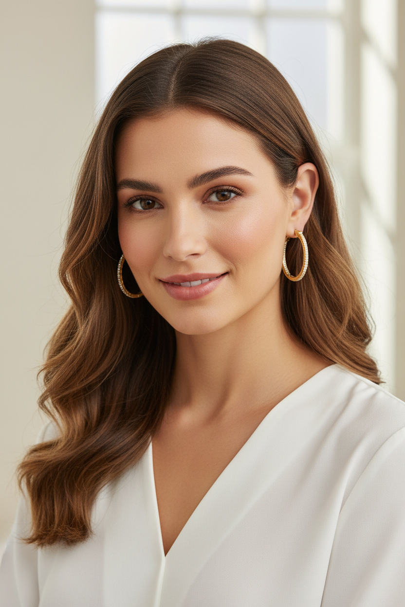 Modern woman wearing golden circle of brilliance hoops