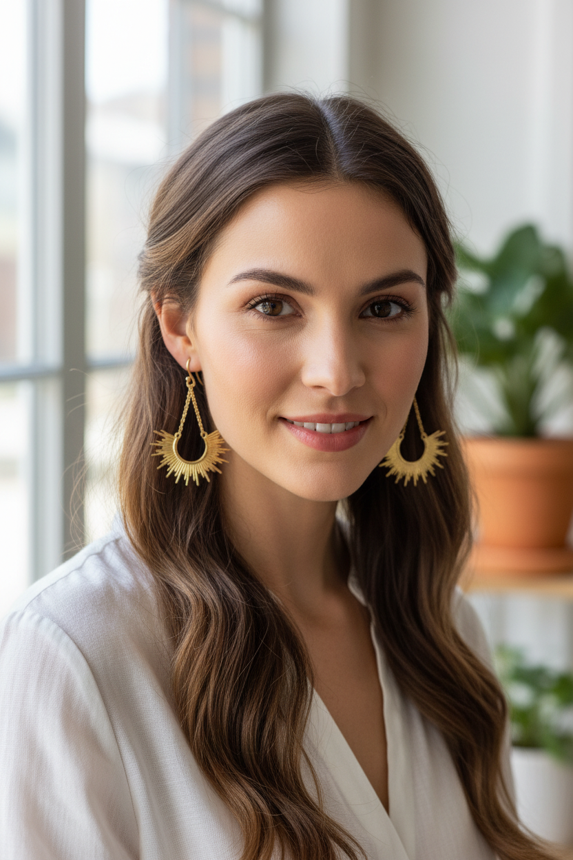 Modern woman wearing radiant sunburst cascade earrings