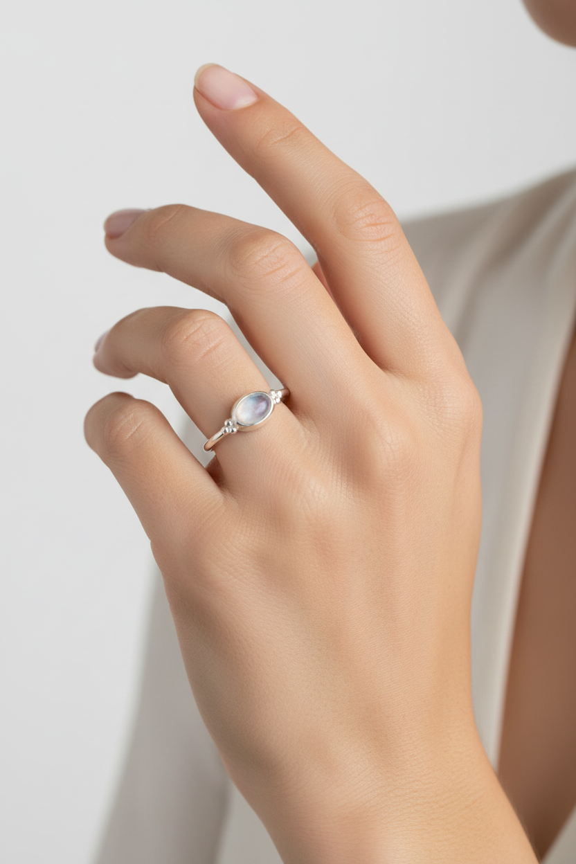 Oval Moonstone Granulation Silver Ring on Model Hand Lifestyle 2