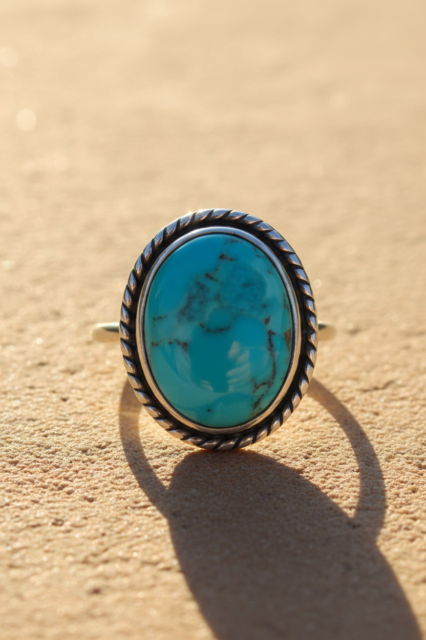 Oxidized Silver Oval Turquoise Twisted Rope Bezel Ring Sunlight Background