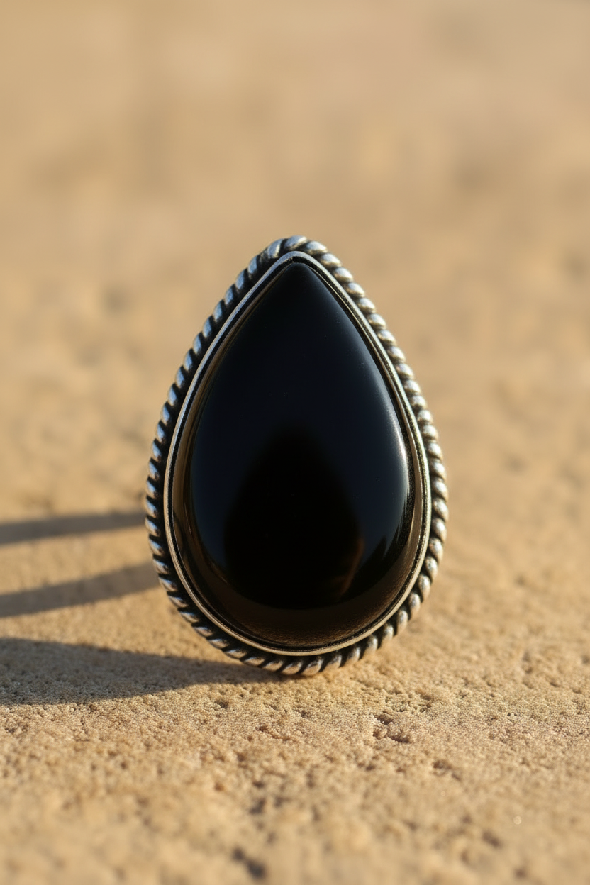 Oxidized Silver Pear Black Onyx Ring Top Down View Sunlight Background