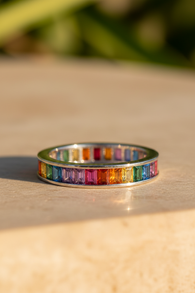 Rainbow Baguette Eternity Band Ring Sunlight Background