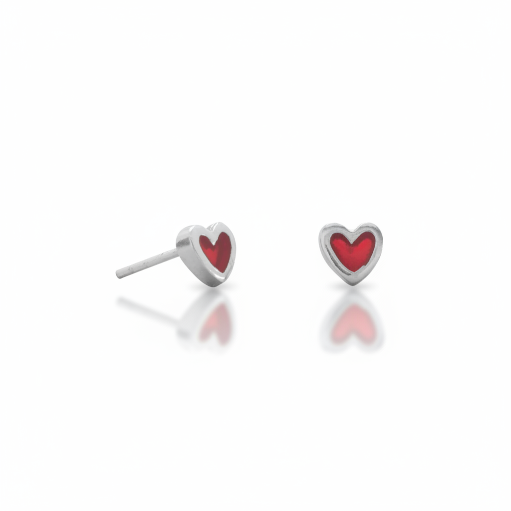 Red Enamel Heart Stud Earrings - White Background