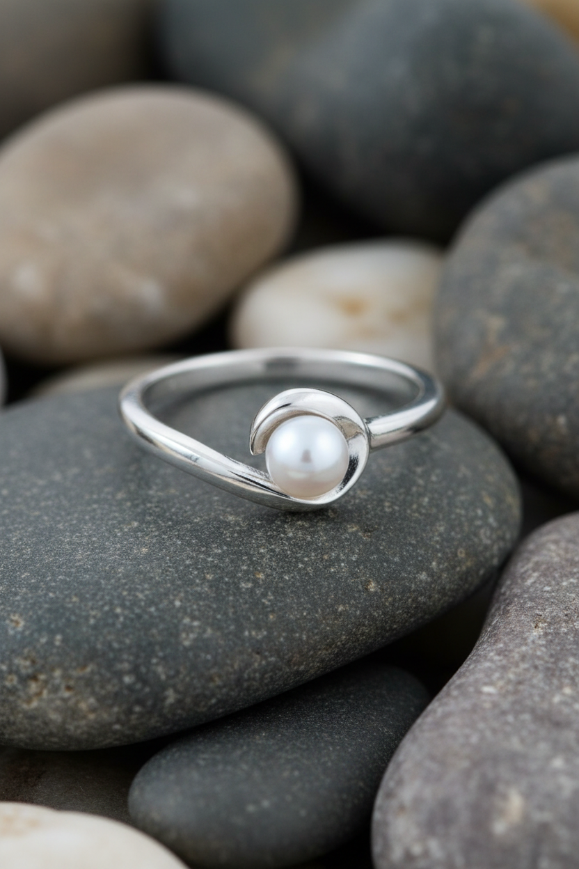 Rhodium Plated Pearl Hook Curve Ring Rock Background