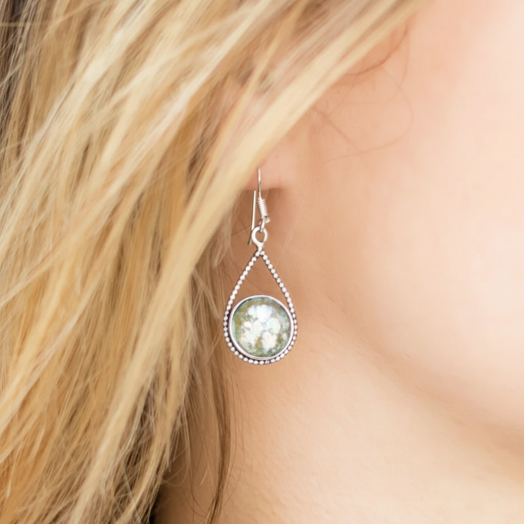 Roman Glass Round Drop Earring Sterling Silver Elegant Blonde Model Ear Warm Golden Lighting Sharp Clear 1x1