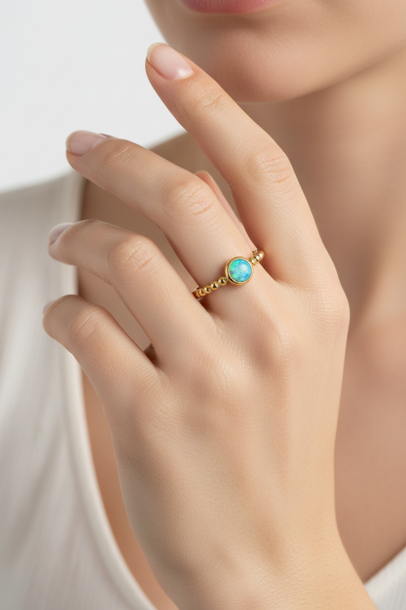 Round Blue Opal Beaded Gold Band Ring on Model Hand Lifestyle