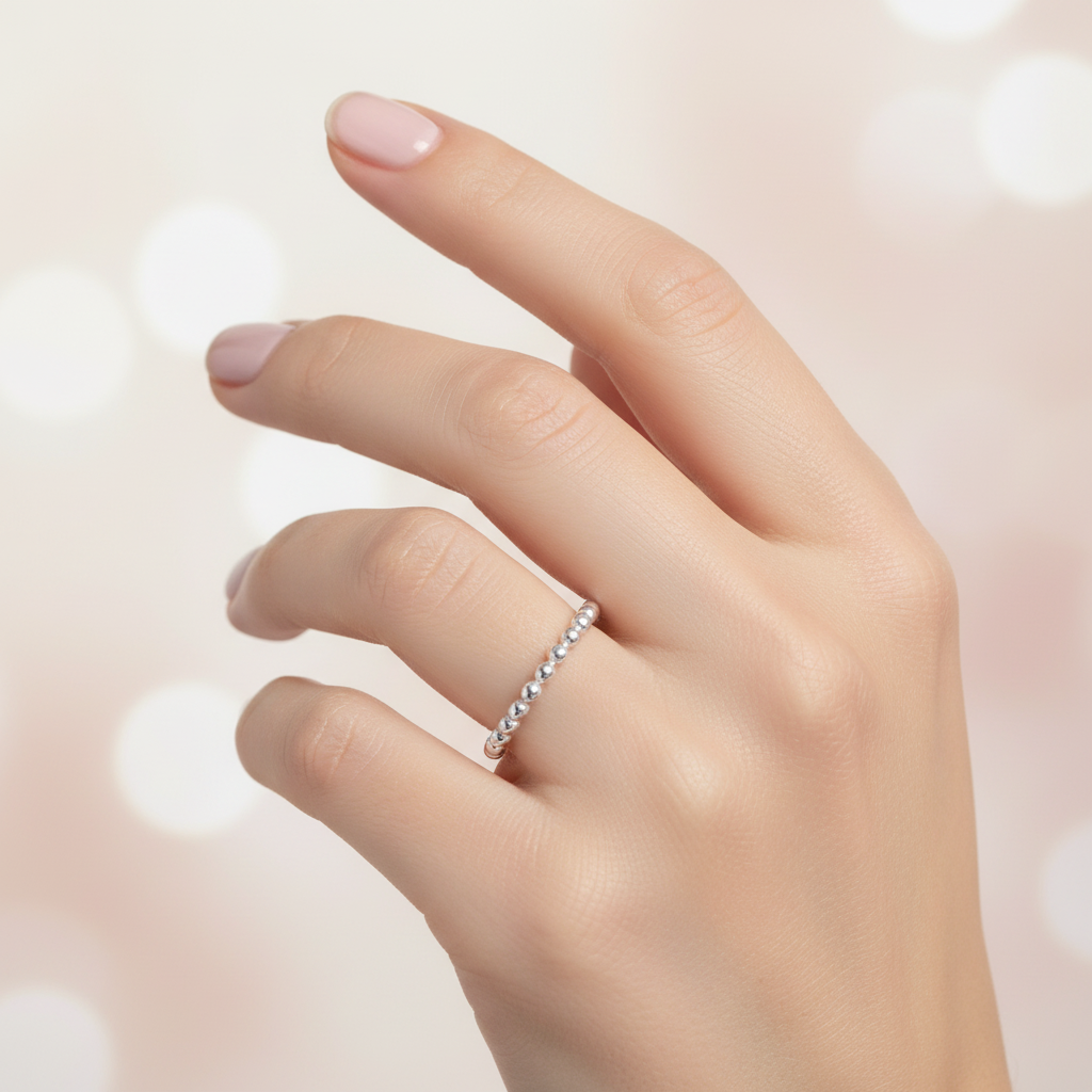 Silver Beaded Ball Full Eternity Band Ring Female Model Hand Lifestyle 1x1