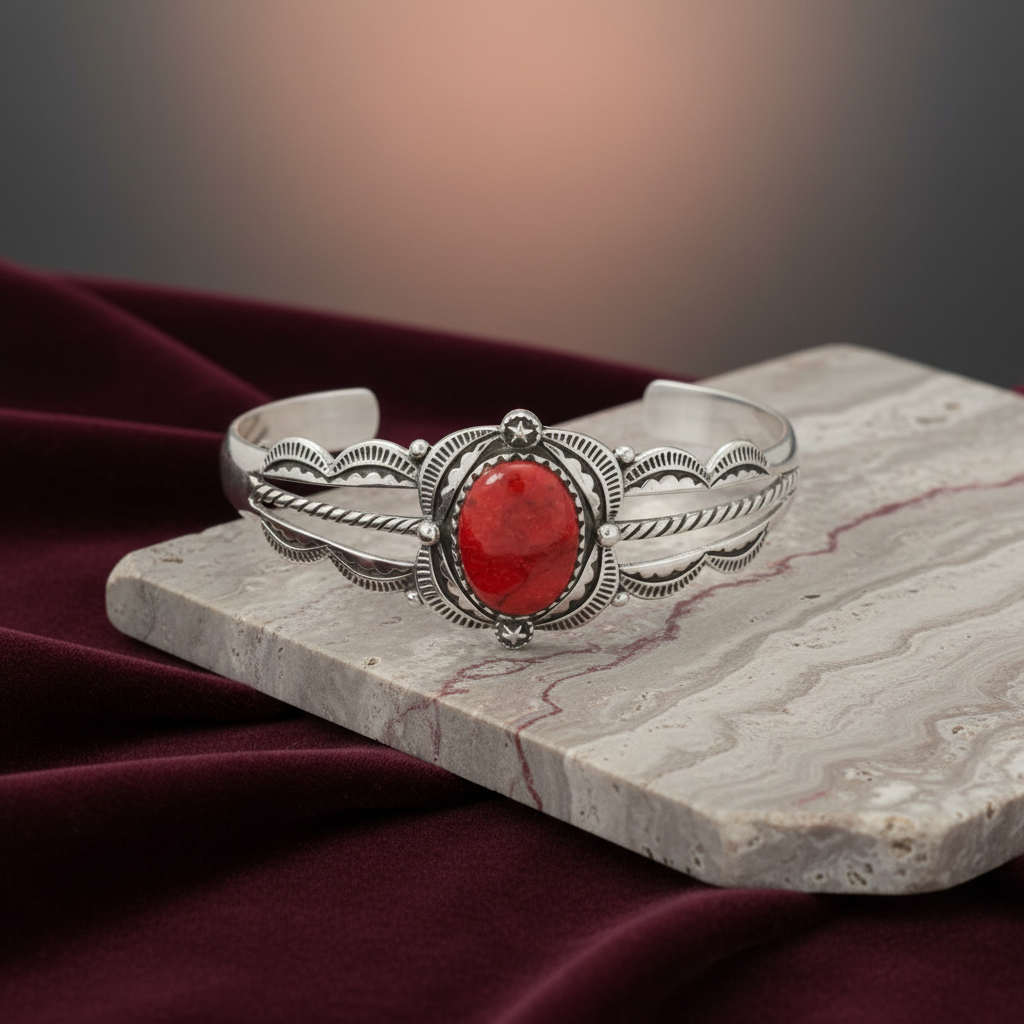 Silver Red Gemstone Cuff Bracelet with Beautiful Background