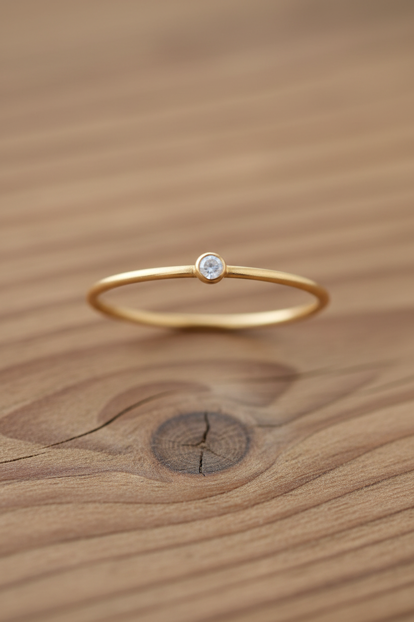 Single Stone Minimalist Gold Ring on Wood Background
