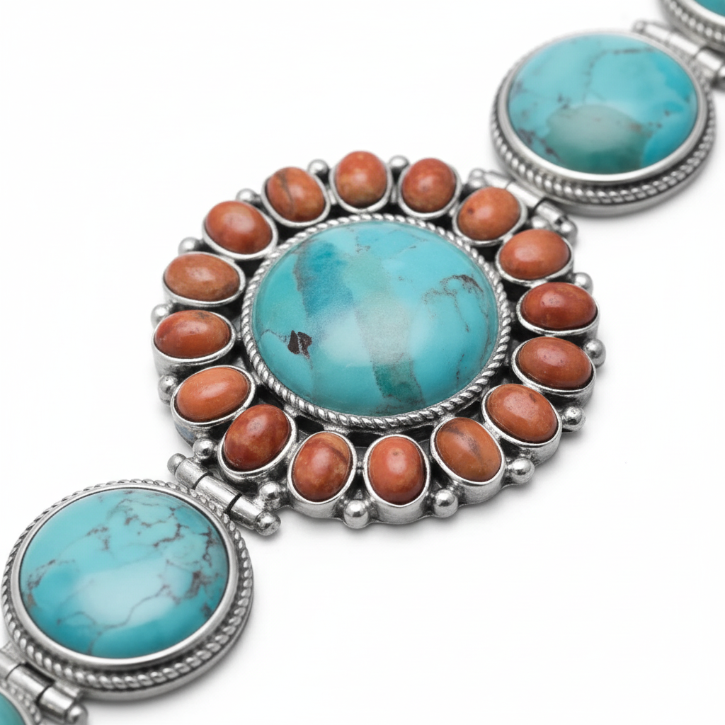 Turquoise and coral bracelet extreme close-up