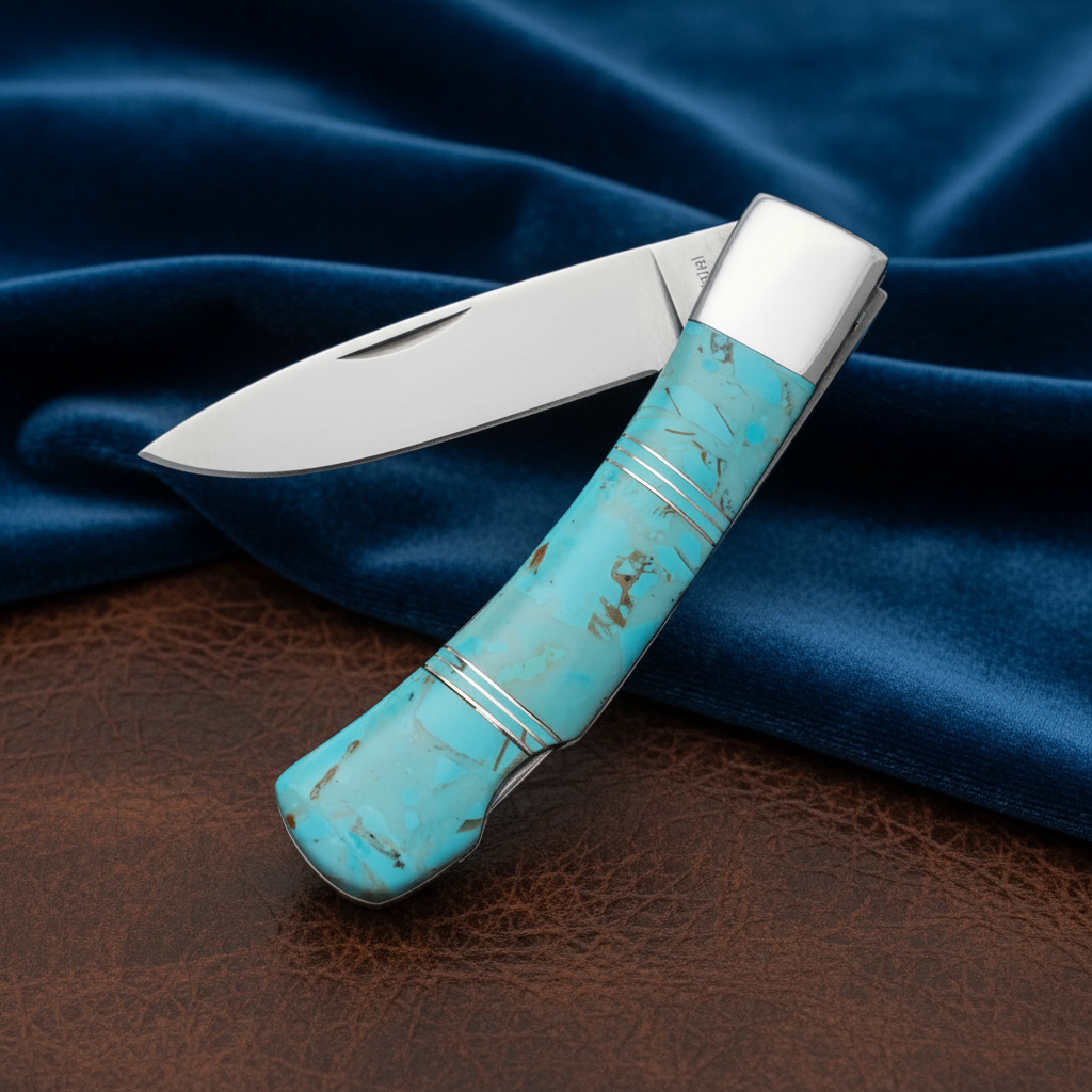 Turquoise folding knife with elegant background
