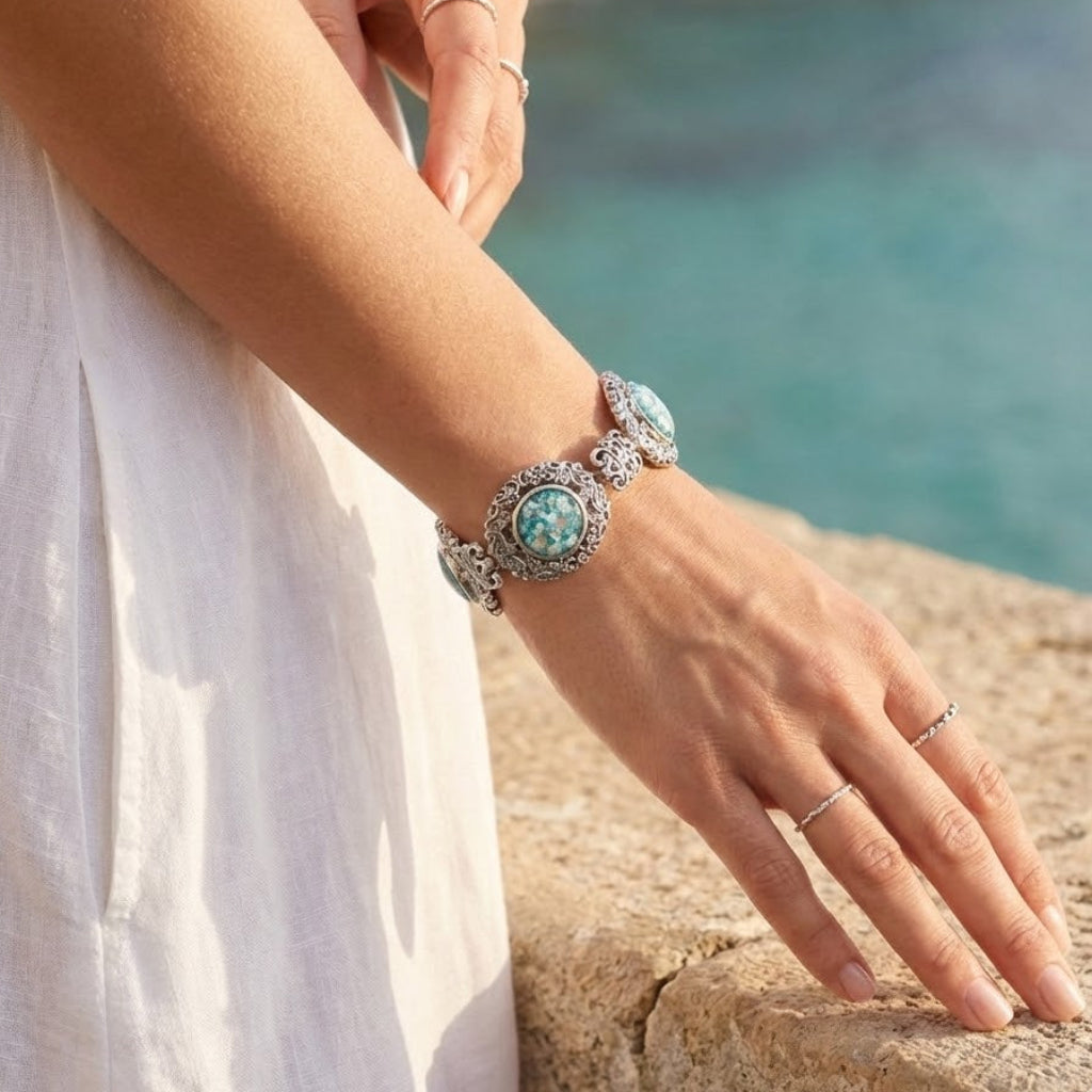 Sterling Silver Roman Glass Toggle Bracelet, Oxidized, 7.5 Inch, 13mm Ancient Glass Settings, Ornate Design